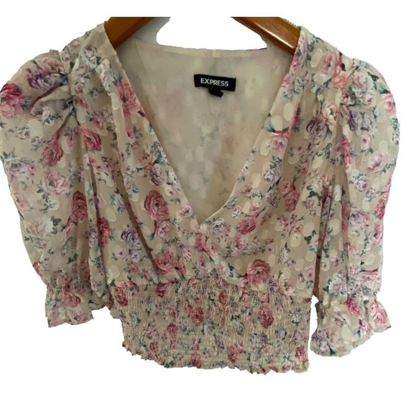 Express Floral Puff Sleeve Smocked V-Neck Cropped Top Coquette Cottagecore SM - Picture 6 of 16